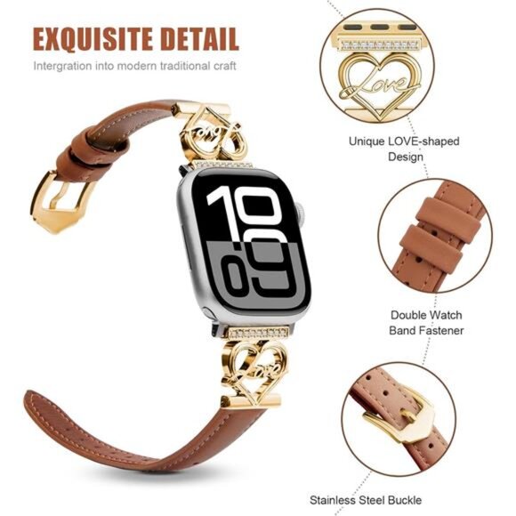 NEW Brown/Gold Leather Apple Watch Band - Picture 2 of 5